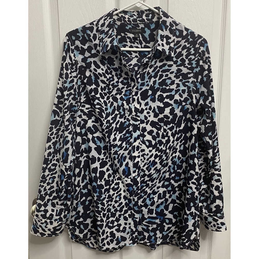Talbots Women Black Blue Leopard Print Long Sleeve Button Down Dress Shirt M